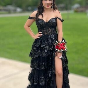 Sherri Hill Black Off-Shoulder Lace Tiered Prom Dress with High Slit